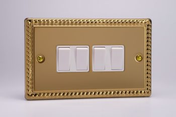 Varilight Classic Georgian Brass 4-Gang 10A 1- or 2-Way Rocker Switch (Twin Plate)