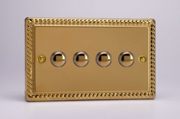 Varilight Classic Georgian Brass 4-Gang 6A 1- or 2-Way Push-On/Off Impulse Switch (Twin Plate)
