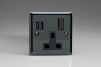 Varilight Classic Iridium Black 1-Gang 13A Switched Socket with 2 x 17W Shared USB A Charging Ports