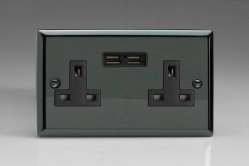 Varilight Classic Iridium Black 2-Gang 13A Unswitched Socket + 2 5V DC 2100mA USB Charging Ports
