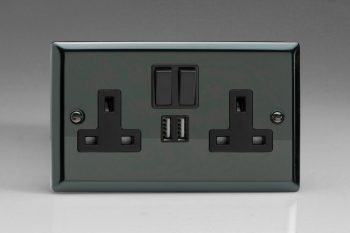 Varilight Classic Iridium Black 2-Gang 13A Single Pole Switched Socket + 2 5V DC 2100mA USB Charging Ports