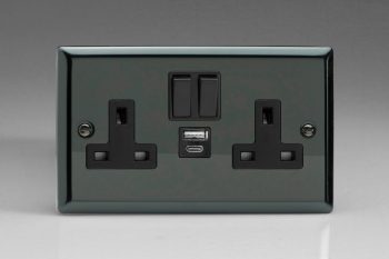 Varilight Classic Iridium Black 2-Gang 13A Single Pole Switched Socket with 1x USB A & 1x USB C Charging Ports