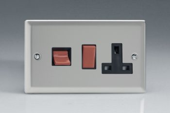 Varilight Classic Satin Chrome 45A Cooker Panel with 13A Double Pole Switched Socket Outlet (Red Rocker)