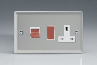 Varilight Classic Satin Chrome 45A Cooker Panel with 13A Double Pole Switched Socket Outlet (Red Rocker)