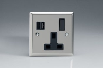 Varilight Classic Satin Chrome 1-Gang 13A Switched Socket with 2 x 17W Shared USB A Charging Ports