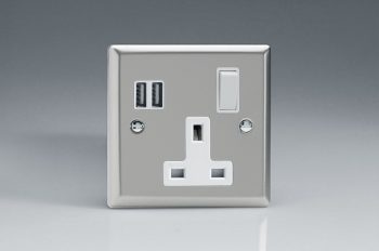 Varilight Classic Satin Chrome 1-Gang 13A Switched Socket with 2 x 17W Shared USB A Charging Ports