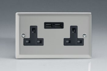 Varilight Classic Satin Chrome 2-Gang 13A Unswitched Socket + 2 5V DC 2100mA USB Charging Ports