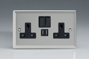 Varilight Classic Satin Chrome 2-Gang 13A Single Pole Switched Socket + 2 5V DC 2100mA USB Charging Ports