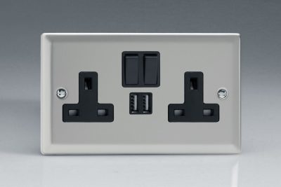 Varilight Classic Satin Chrome 2-Gang 13A Single Pole Switched Socket + 2 5V DC 2100mA USB Charging Ports