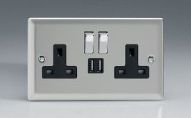 Varilight Classic Satin Chrome 2-Gang 13A Single Pole Switched Socket with Metal Rockers + 2 5V DC 2100mA USB Charging Ports