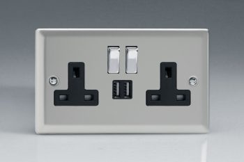 Varilight Classic Satin Chrome 2-Gang 13A Single Pole Switched Socket with Metal Rockers + 2 5V DC 2100mA USB Charging Ports