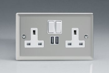 Varilight Classic Satin Chrome 2-Gang 13A Single Pole Switched Socket + 2 5V DC 2100mA USB Charging Ports