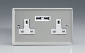 Varilight Classic Satin Chrome 2-Gang 13A Unswitched Socket + 2 5V DC 2100mA USB Charging Ports