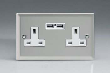 Varilight Classic Satin Chrome 2-Gang 13A Unswitched Socket + 2 5V DC 2100mA USB Charging Ports