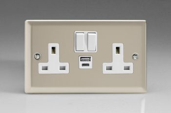 Varilight Classic Satin 2-Gang 13A Single Pole Switched Socket with 1x USB A & 1x USB C Charging Ports
