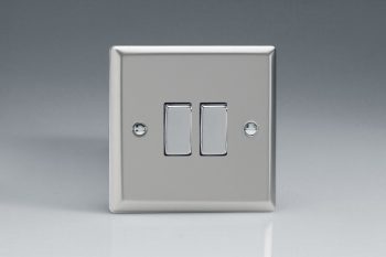 Varilight Classic Satin Chrome 2-Gang (10A Intermediate Switch + 10A 1- or 2-Way Rocker Switch) with Metal Rockers