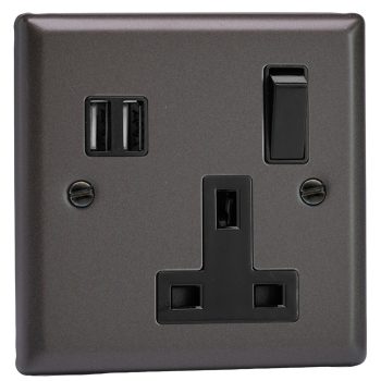 Varilight Classic Graphite 1-Gang 13A Switched Socket with 2 x 17W Shared USB A Charging Ports