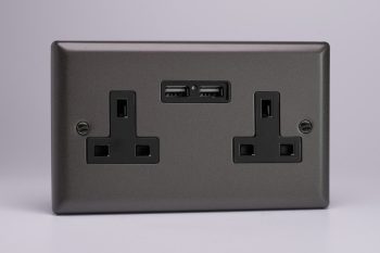 Varilight Classic Graphite 2-Gang 13A Unswitched Socket + 2x5V DC 2100mA USB Charging Ports