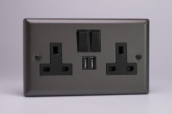 Varilight Classic Graphite 2-Gang 13A Single Pole Switched Socket + 2x5V DC 2100mA USB Charging Ports