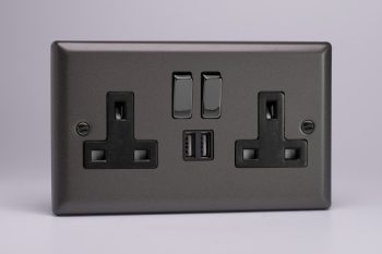 Varilight Classic Graphite 2 Gang 13 Amp Single Pole Switched Socket + 2 x 5V DC 2100mA USB Charging Ports