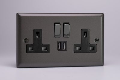 Varilight Classic Graphite 2 Gang 13 Amp Single Pole Switched Socket + 2 x 5V DC 2100mA USB Charging Ports