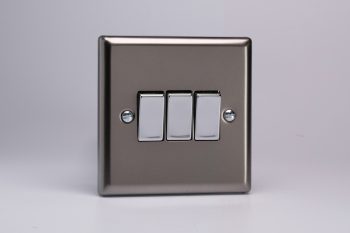 Varilight Classic Pewter 3-Gang 10A 1- or 2-Way Rocker Switch with Metal Rockers