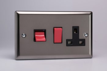 Varilight Classic Pewter 45A Cooker Panel with 13A Double Pole Switched Socket Outlet (Red Rocker)