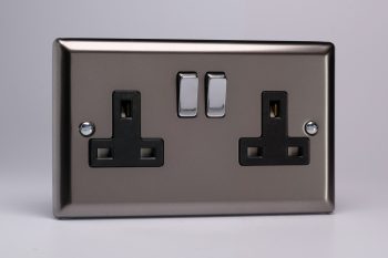 Varilight Classic Pewter 2-Gang 13A Double Pole Switched Socket with Metal Rockers
