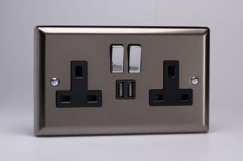 Varilight Classic Pewter 2-Gang 13A Single Pole Switched Socket with Metal Rockers + 2 5V DC 2100mA USB Charging Ports