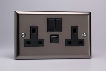 Varilight Classic Pewter 2-Gang 13A Single Pole Switched Socket with 1x USB A & 1x USB C Charging Ports