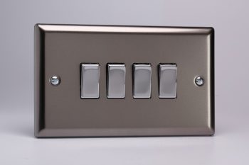 Varilight Classic Pewter 4-Gang 10A 1- or 2-Way Rocker Switch (Twin Plate) with Metal Rockers