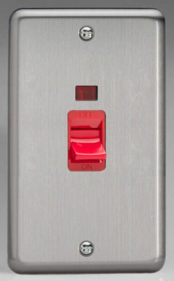 Varilight Classic Matt Chrome 45A Cooker Switch + Neon (Vertical Twin Plate, Red Rocker)