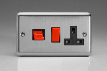 Varilight Classic Matt Chrome 45A Cooker Panel with 13A Double Pole Switched Socket Outlet (Red Rocker)