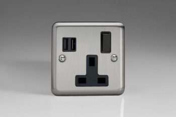 Varilight Classic Matt Chrome 1-Gang 13A Single Pole Switched Socket + 2x5V DC 3400mA USB Charging Ports with Black Insert