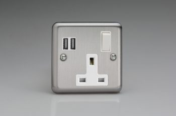 Varilight Classic Matt Chrome 1-Gang 13A Single Pole Switched Socket + 2x5V DC 3400mA USB Charging Ports with White Insert