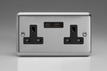 Varilight Classic Matt Chrome 2-Gang 13A Unswitched Socket + 2 5V DC 2100mA USB Charging Ports