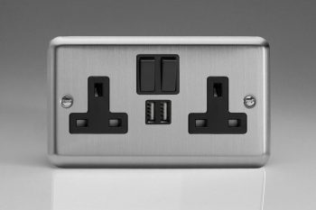 Varilight Classic Matt Chrome 2-Gang 13A Single Pole Switched Socket + 2 5V DC 2100mA USB Charging Ports