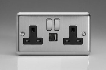 Varilight Classic Matt Chrome 2-Gang 13A Single Pole Switched Socket with Metal Rockers + 2 5V DC 2100mA USB Charging Ports