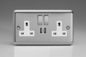 Varilight Classic Matt Chrome 2-Gang 13A Single Pole Switched Socket with Metal Rockers + 2 5V DC 2100mA USB Charging Ports