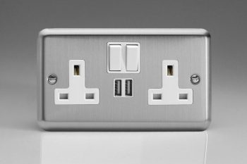 Varilight Classic Matt Chrome 2-Gang 13A Single Pole Switched Socket + 2 5V DC 2100mA USB Charging Ports