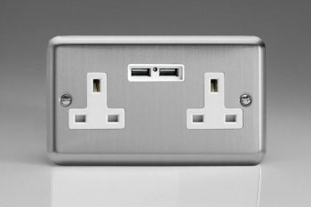 Varilight Classic Matt Chrome 2-Gang 13A Unswitched Socket + 2 5V DC 2100mA USB Charging Ports