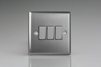 Varilight Classic Brushed Steel 3-Gang 10A 1- or 2-Way Rocker Switch with Metal Rockers
