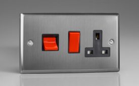 Varilight Classic Brushed Steel 45A Cooker Panel with 13A Double Pole Switched Socket Outlet (Red Rocker)
