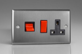 Varilight Classic Brushed Steel 45A Cooker Panel with 13A Double Pole Switched Socket Outlet (Red Rocker)