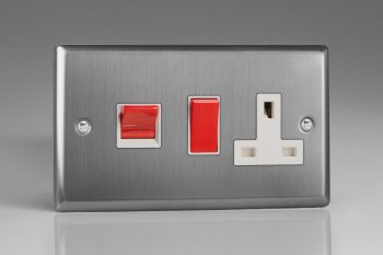 Varilight Classic Brushed Steel 45A Cooker Panel with 13A Double Pole Switched Socket Outlet (Red Rocker)