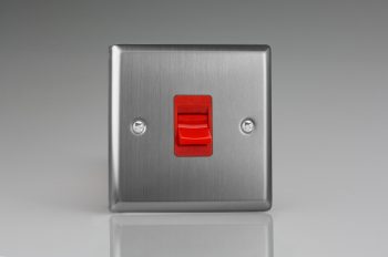 Varilight Classic Brushed Steel 45A Cooker Switch (Single Plate, Red Rocker)