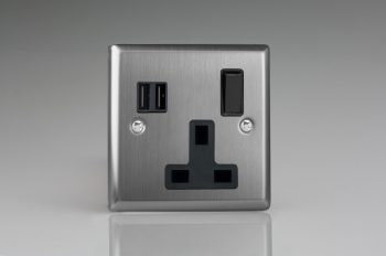 Varilight Classic Brushed Steel 1-Gang 13A Single Pole Switched Socket + 2x5V DC 3400mA USB Charging Ports with Black Inserts