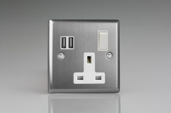 Varilight Classic Brushed Steel 1-Gang 13A Single Pole Switched Socket + 2x5V DC 3400mA USB Charging Ports with White Inserts