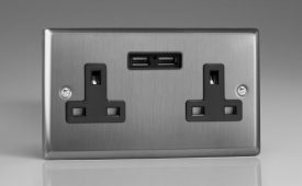 Varilight Classic Brushed Steel 2-Gang 13A Unswitched Socket + 2x5V DC 2100mA USB Charging Ports