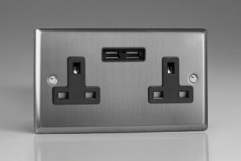 Varilight Classic Brushed Steel 2-Gang 13A Unswitched Socket + 2x5V DC 2100mA USB Charging Ports